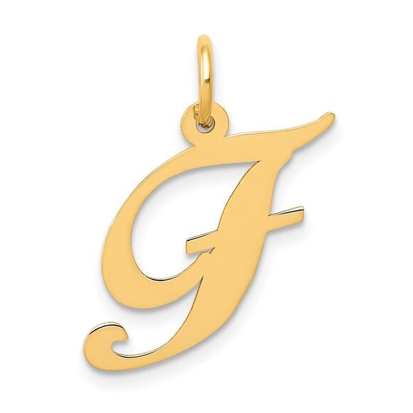 14k Yellow Gold, Ella Collection Medium Fancy Script Initial F Pendant - Picture 1 of 6